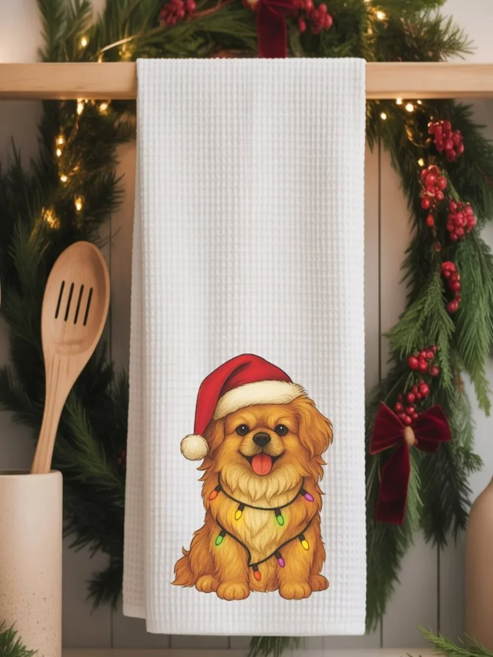 Tibetan Spaniel Christmas Lights Decorative Kitchen Tea Towel
